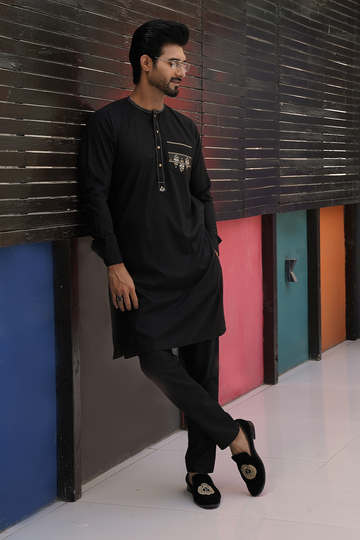 Black Color Pocket & Neck Embroidered Kurta Pajama For Men